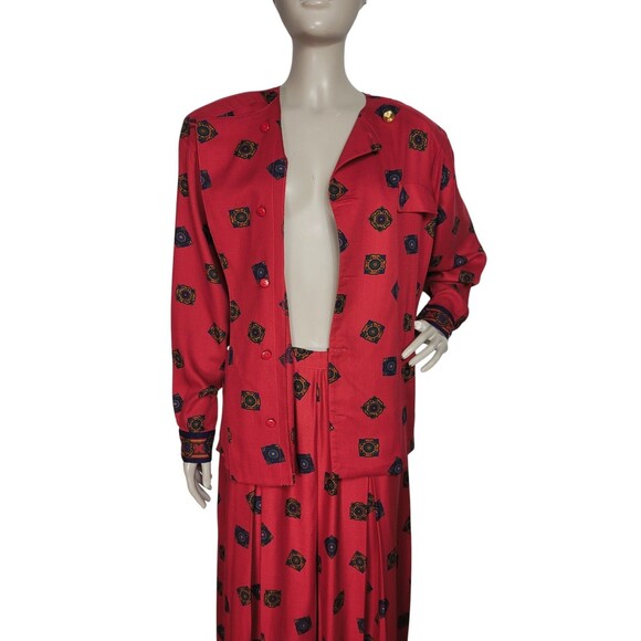 VTG 90s Liz Claiborne Medallion Print High Shoulder Skirt Blouse Belt Size 10 - Picture 7 of 13